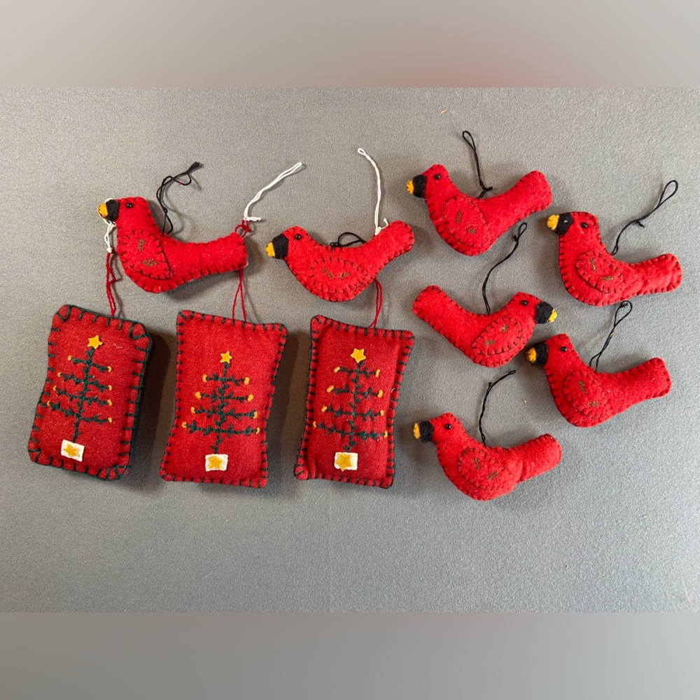 Christmas Tree Ornaments Cardinal Bird & Rectangular Shape Felt Handmade 10